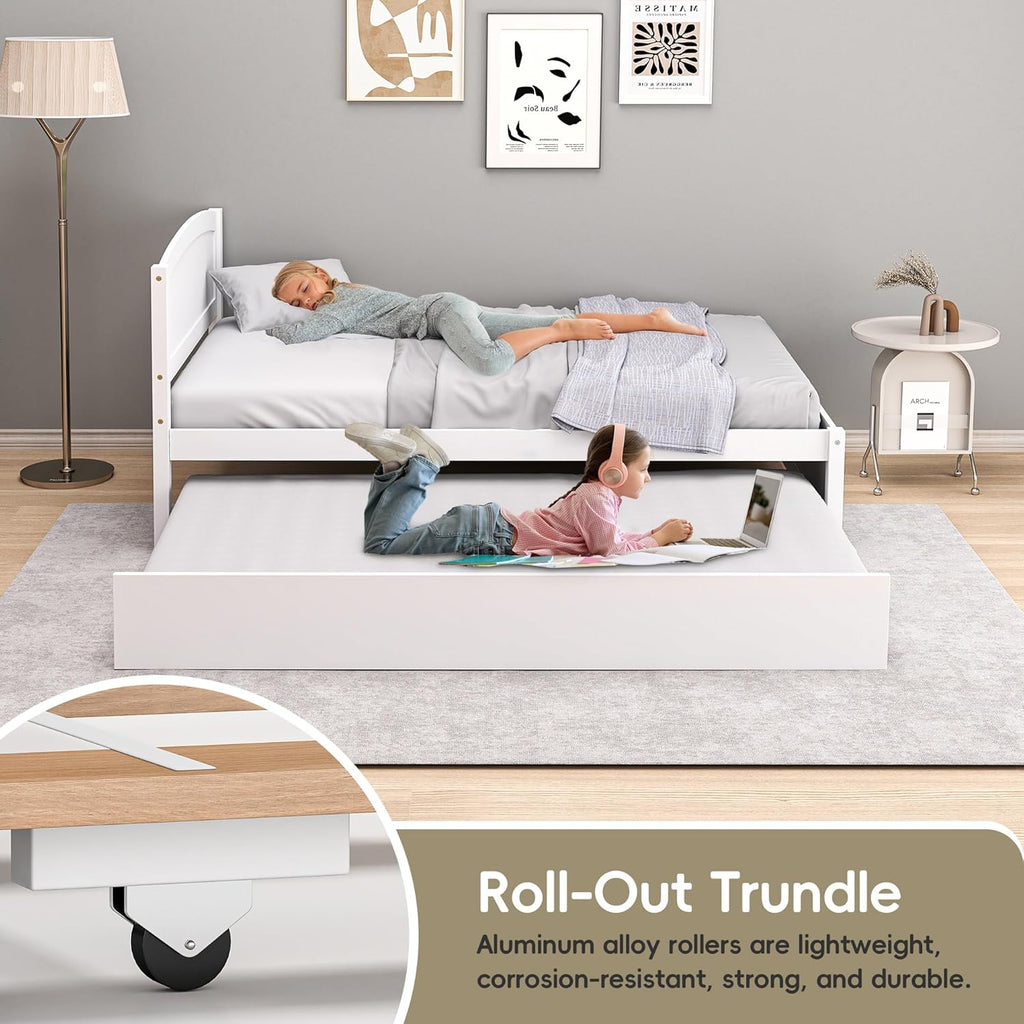 Twin Trundle Bed, Solid Wooden Pull Out Bedframe, Extendable Day Bed with Headboard and Soild Wood Slats Support, Bedroom, Living Room, Guest Room, No Box Spring Needed (White)