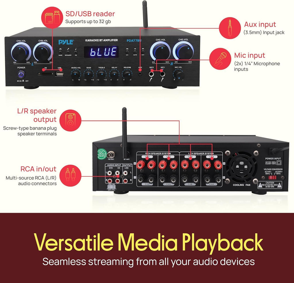 Pyle Home Stereo Receiver with Bluetooth - 4 Channel Amplifier, 800 Watt Max, USB-A Input w MP3 Player, Easy Karaoke Setup with Mic Vol, Reverb and Delay, RCA in/Out, SD Card, FM Radio - PDA77BU
