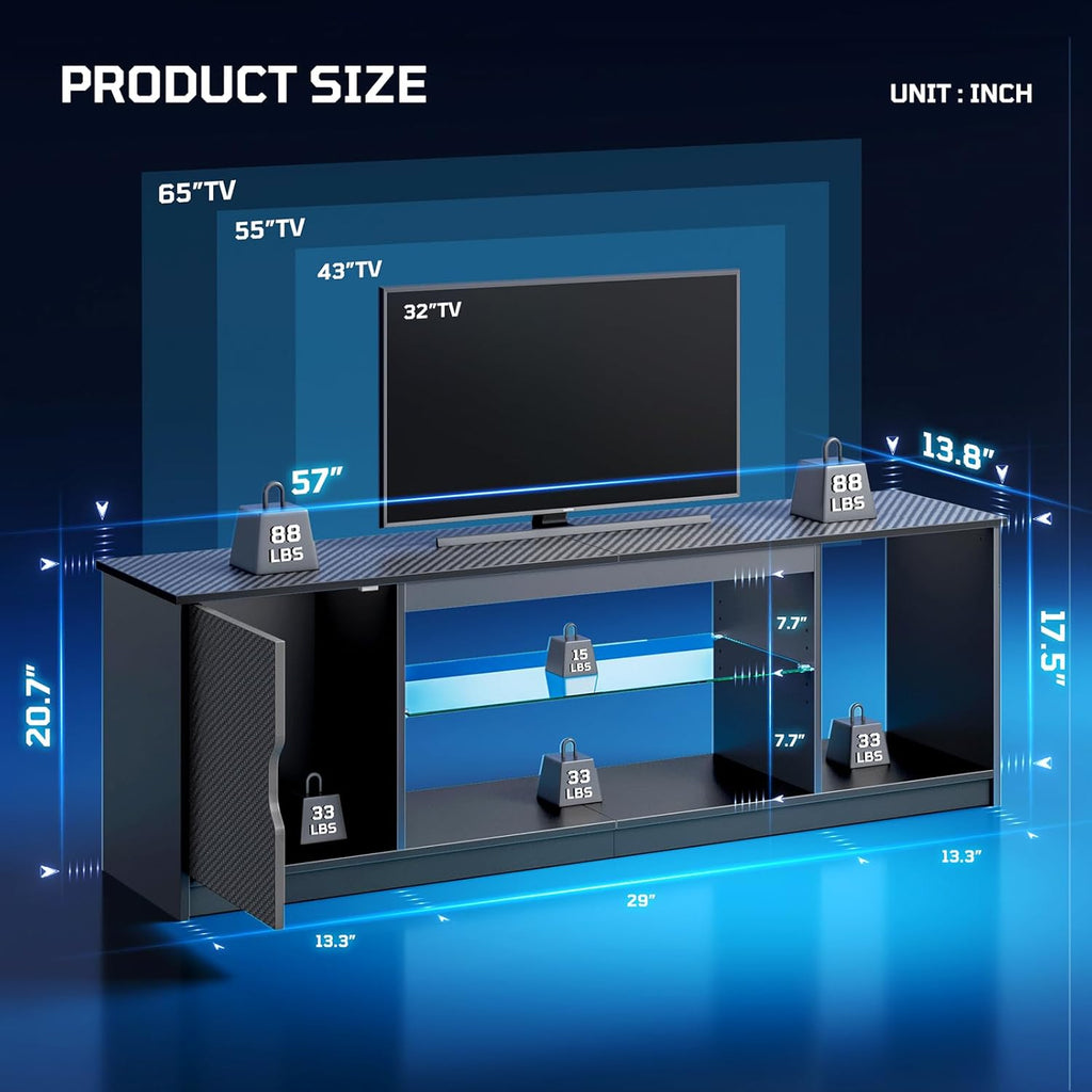 Bestier 57" LED TV Stand for 55/60/65 Inch TVs - Gaming Entertainment Center with RGB Lights, Adjustable Glass Shelves & Cabinet for PS5/Xbox, Modern Black TV Console for Living Room