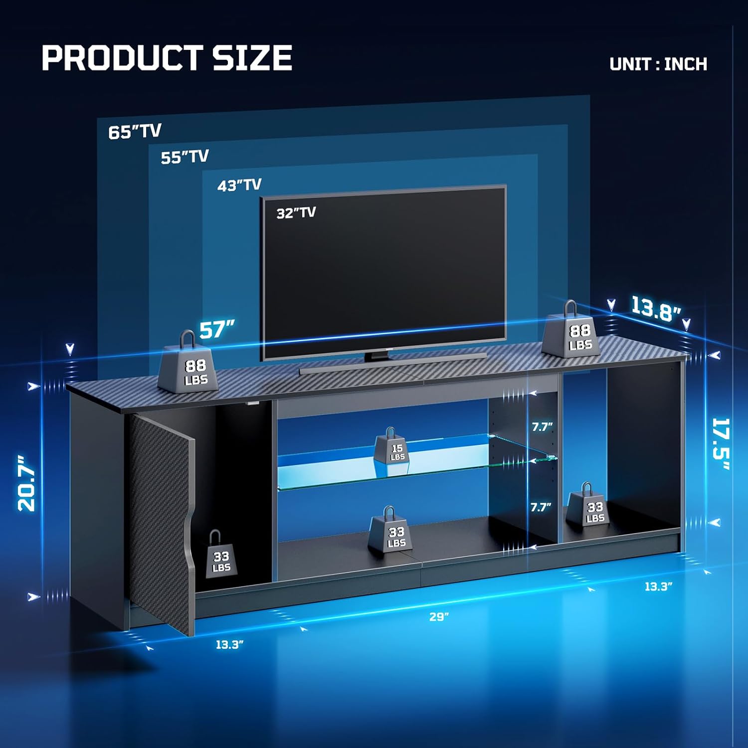 Bestier 57" LED TV Stand for 55/60/65 Inch TVs - Gaming Entertainment Center with RGB Lights, Adjustable Glass Shelves & Cabinet for PS5/Xbox, Modern Black TV Console for Living Room