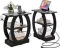 End Table Set of 2 with Charging Station, Black Side Table with USB Ports and Outlets for Living Room, Wood Nightstand with Large Storage Shelf for Bedroom Sofa Couch, Bedside Table Night Stands