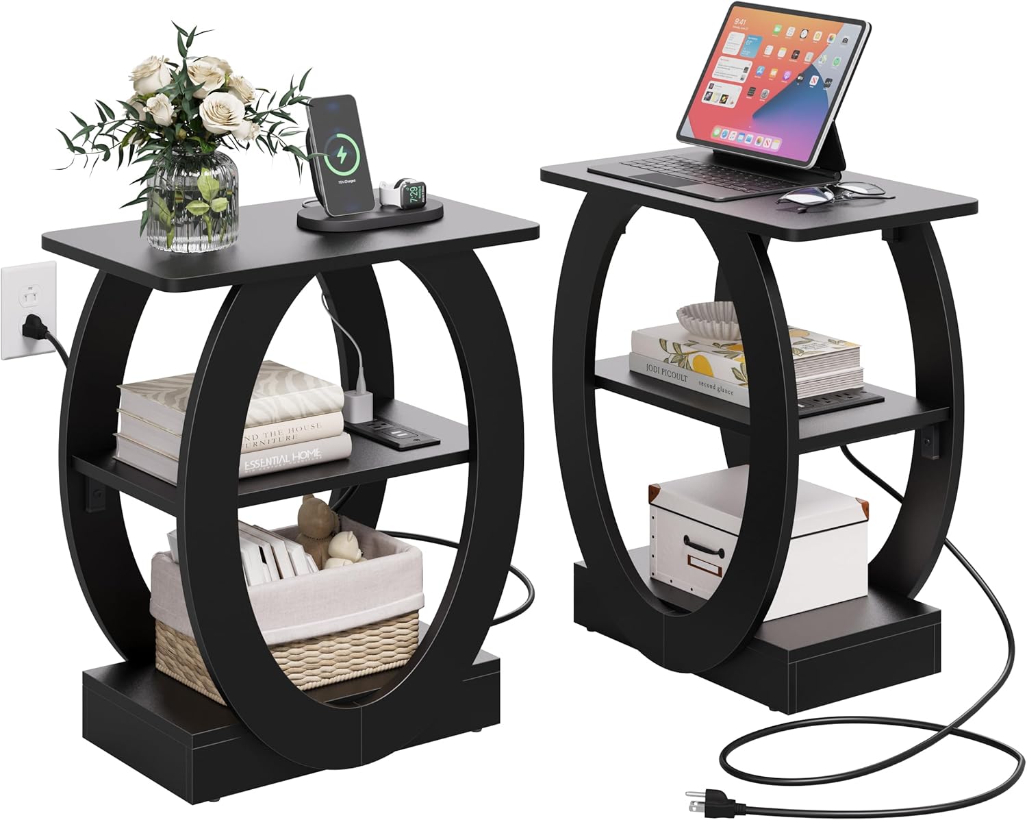 End Table Set of 2 with Charging Station, Black Side Table with USB Ports and Outlets for Living Room, Wood Nightstand with Large Storage Shelf for Bedroom Sofa Couch, Bedside Table Night Stands