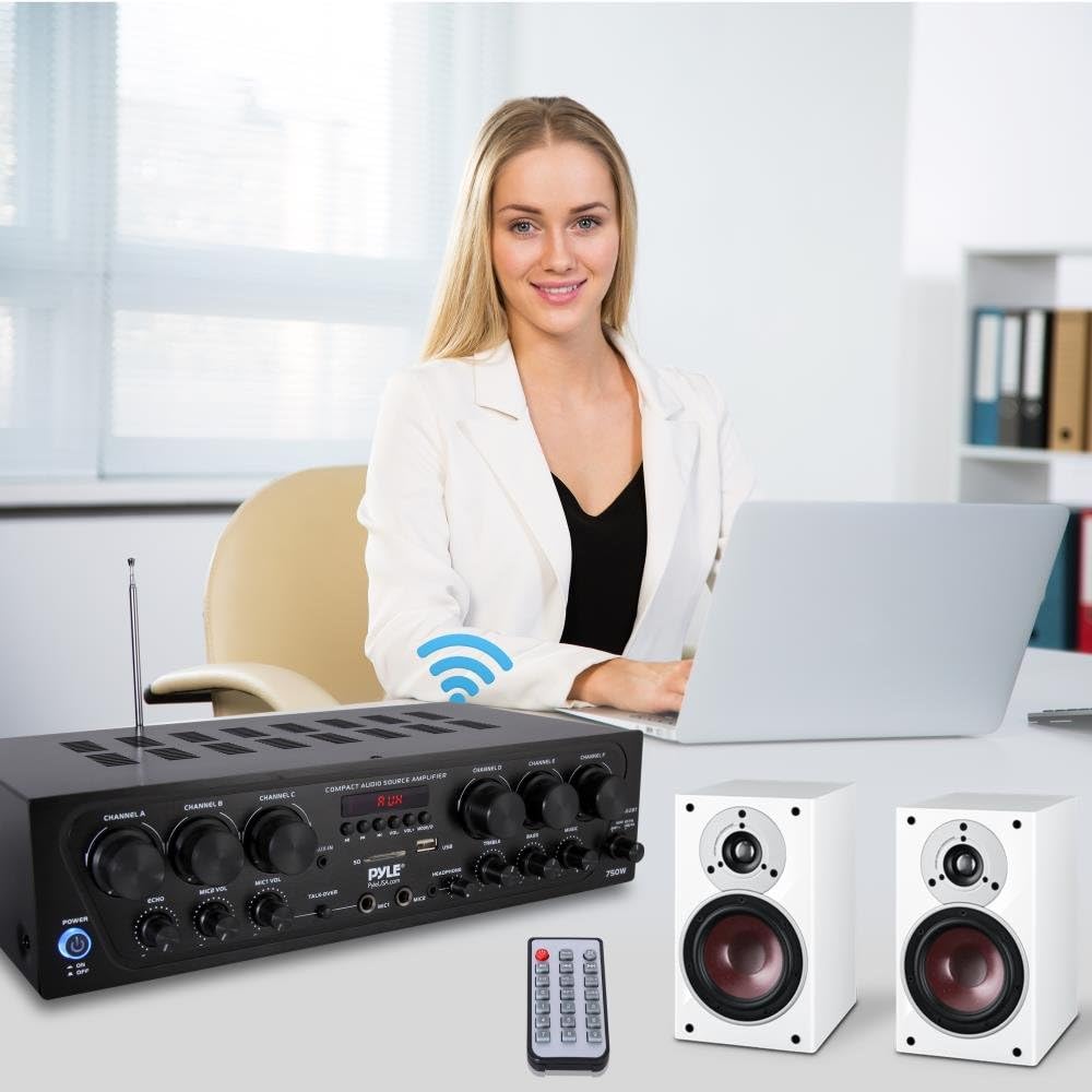 Pyle Bluetooth Wireless Home Amplifier System - Upgraded 6 Channel Audio, 750 Watt Power, Easy Karaoke, Stereo Receiver w USB-A, Micro SD, Headphone, 2 Microphone Input w/Echo, Talkover for PA