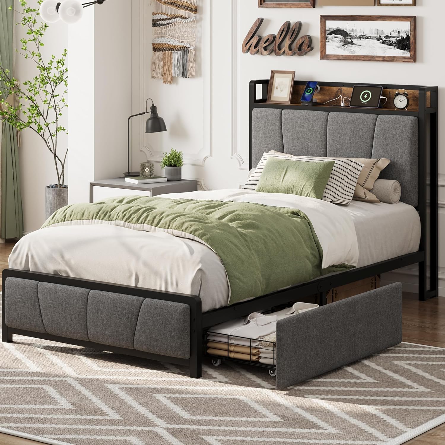 GAOMON Twin Size Bed Frame with 2 Storage Drawers and Charging Station, Rustic Linen Upholstered Platform Bedframe with Storage Headboard, Heavy Duty, No Box Spring Needed, Easy Assembly, Noise Free