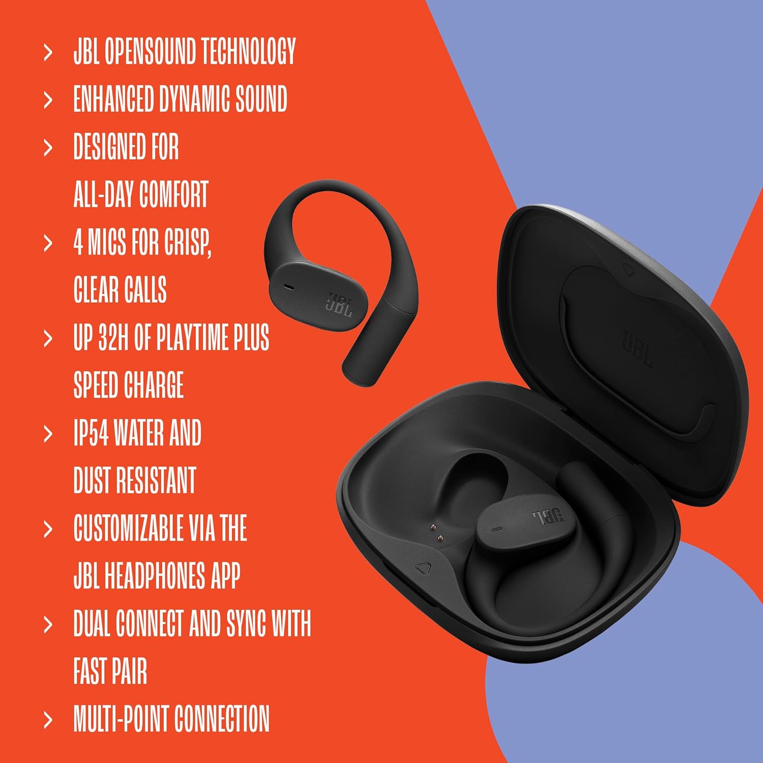 JBL Sense Lite - True Wireless Open-Ear Headphones, Designed for All-Day Comfort, 4 mics for Crisp, Clear Calls, IP54 Water and dust Resistant, Up to 32 (8+24 in case) Total Hours of Playtime (Black)