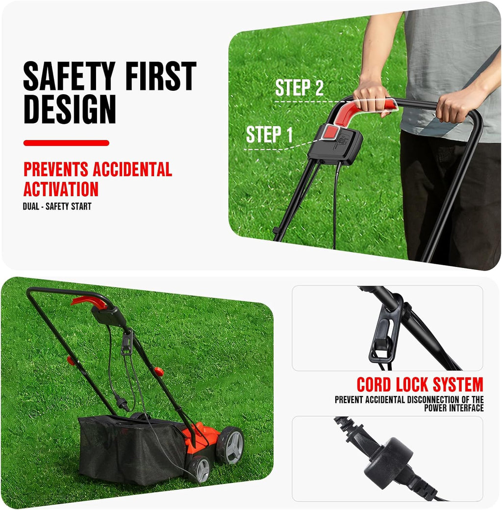 EWORK Electric Dethatcher and Scarifier 14-Inch 12 Amp 2-in-1 Lawn Dethatcher and Aerator with Collection Bag, Blade Replacement Without Tool, 5-Position Depth Adjustment for Gardening Care