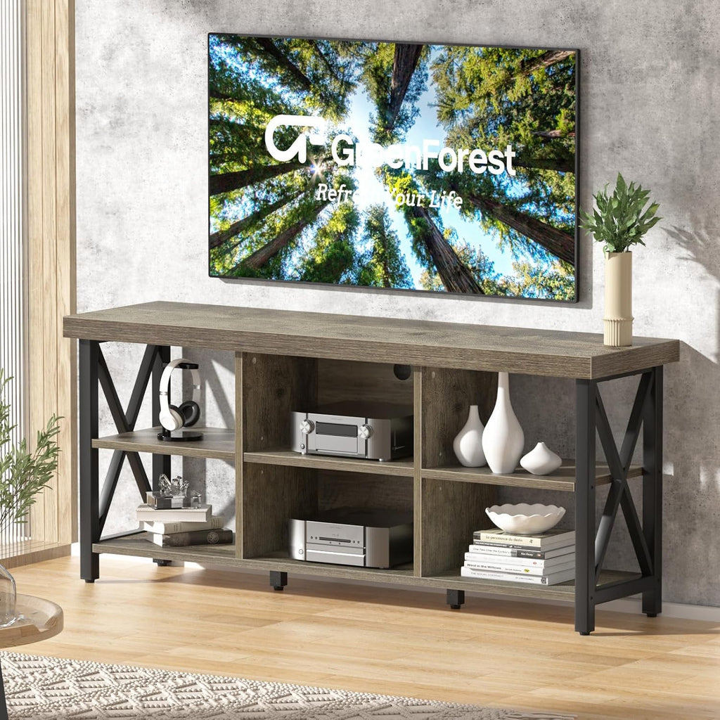 GreenForest TV Stand for TV up to 65 inches, Entertainment Center with 6 Storage Cabinet for Living Room, 55 inch Farmhouse Television Stands Console Table, Industrial TV Stands for Living Room, Gray