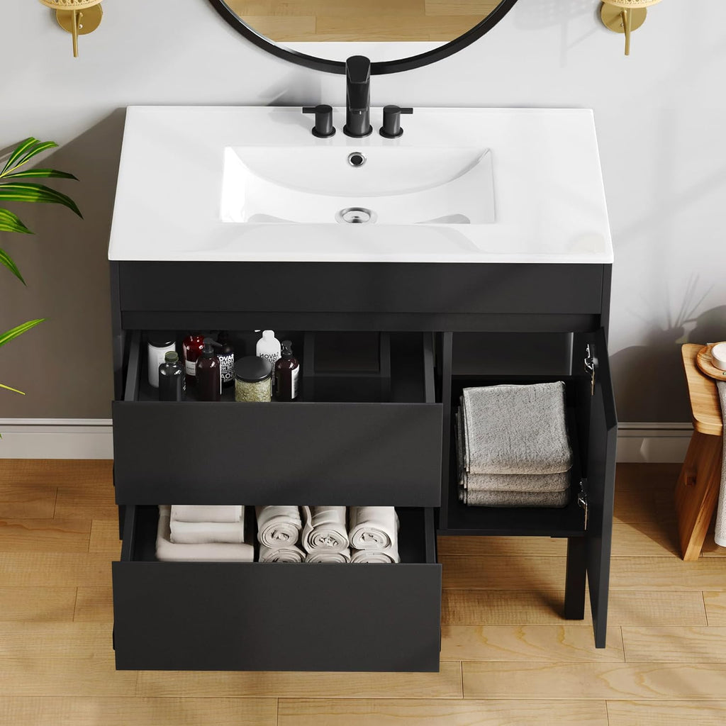 DWVO 36 Inch Bathroom Vanity with Sink, Bathroom Vanity Cabinet, Modern Bathroom Storge Vanity Includes Adjustable Legs, Soft Closing Door, 2 Drawers & Drain