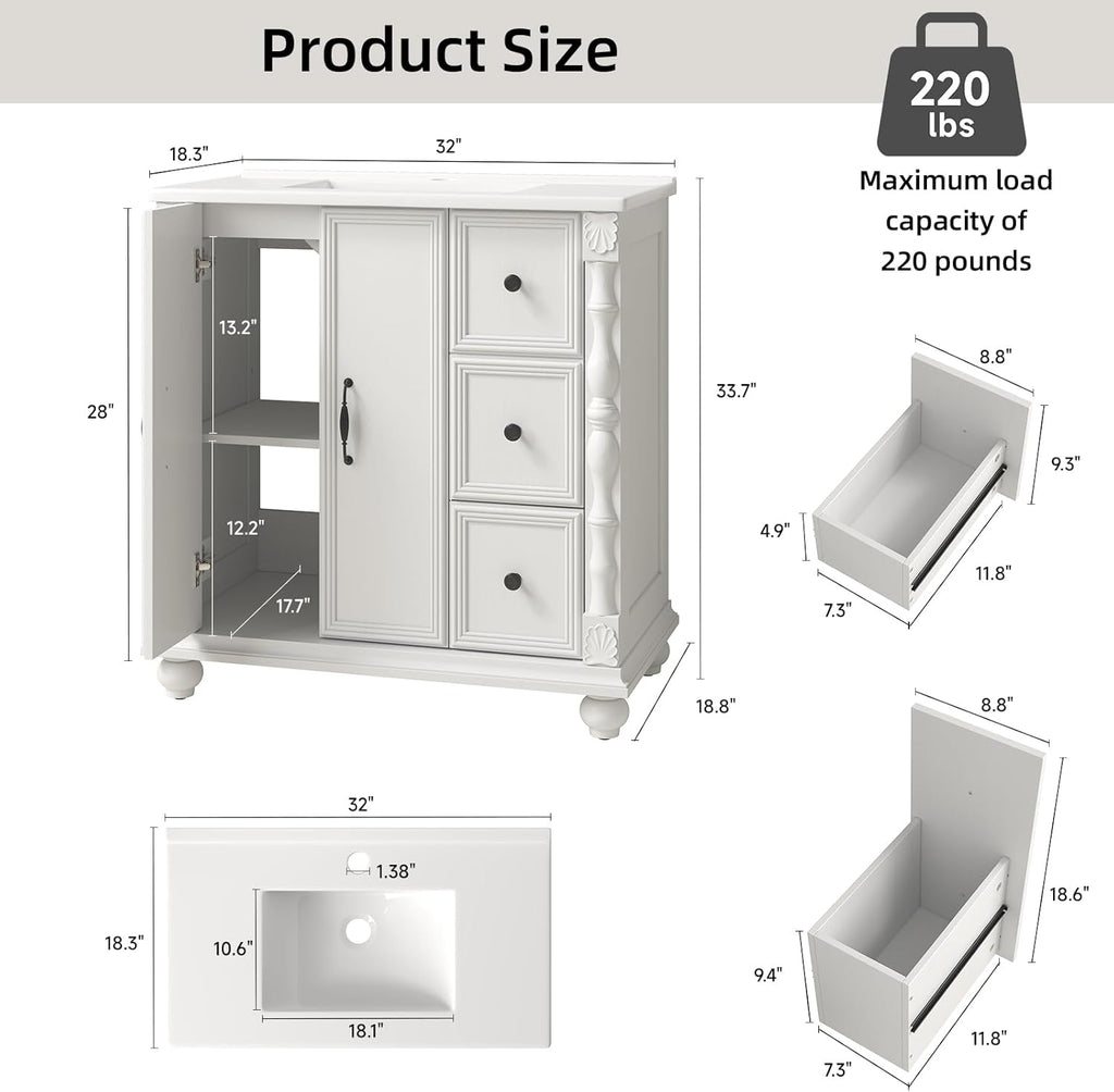ONBRILL Bathroom Vanity with Sink Combo, Modern Bathroom Vanities with Adjustable Shelf, 4 Solid Legs, 2 Drawers, 2 Doors, Ceramic Integrated Sink, Freestanding Bath Storage Cabinet (32", White)