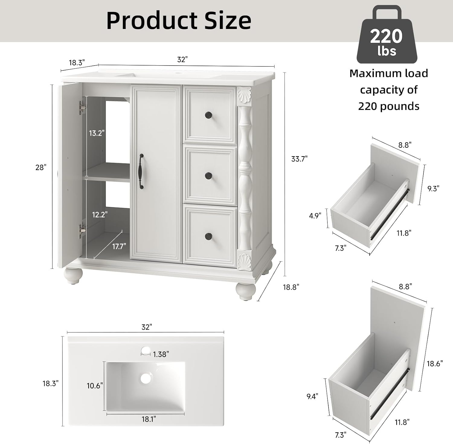 ONBRILL Bathroom Vanity with Sink Combo, Modern Bathroom Vanities with Adjustable Shelf, 4 Solid Legs, 2 Drawers, 2 Doors, Ceramic Integrated Sink, Freestanding Bath Storage Cabinet (32", White)