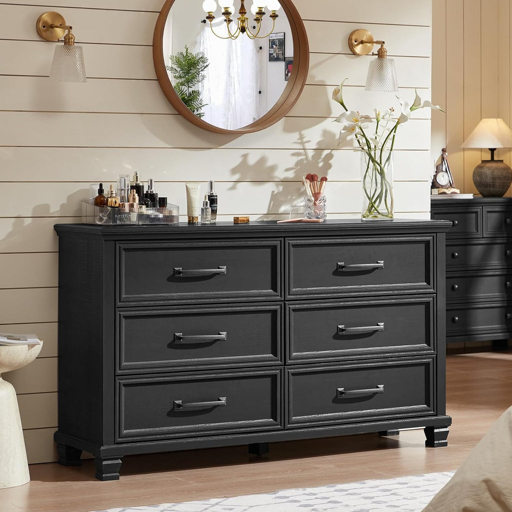 SAVOR LIFE Farmhouse Black Bedroom Sets of 4, Includes 6 Drawer Large Dresser, Vintage Night Stand with 3 Drawers, Small 5 Chest of Drawers, Wood Rustic Dresser & Nightstand Set for Bedroom, Home
