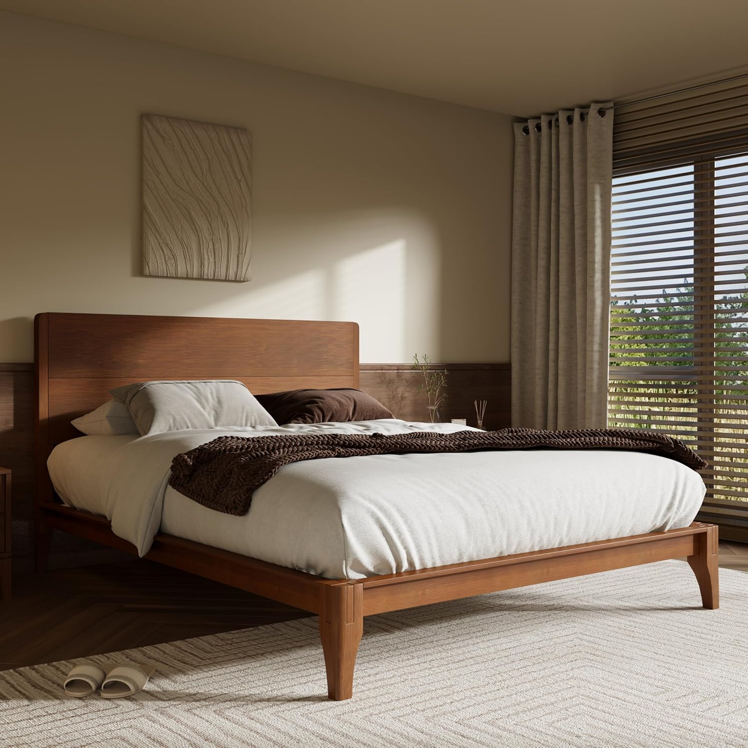Merax Queen Size Bamboo Platform Bed, Mid-Century Modern Bed Frame with Tall Headboard, Solid Sustainable Bedframe Queen-size, Wood Slat Support, No Box Spring Needed, Easy Assembly, Noise Free, Brown