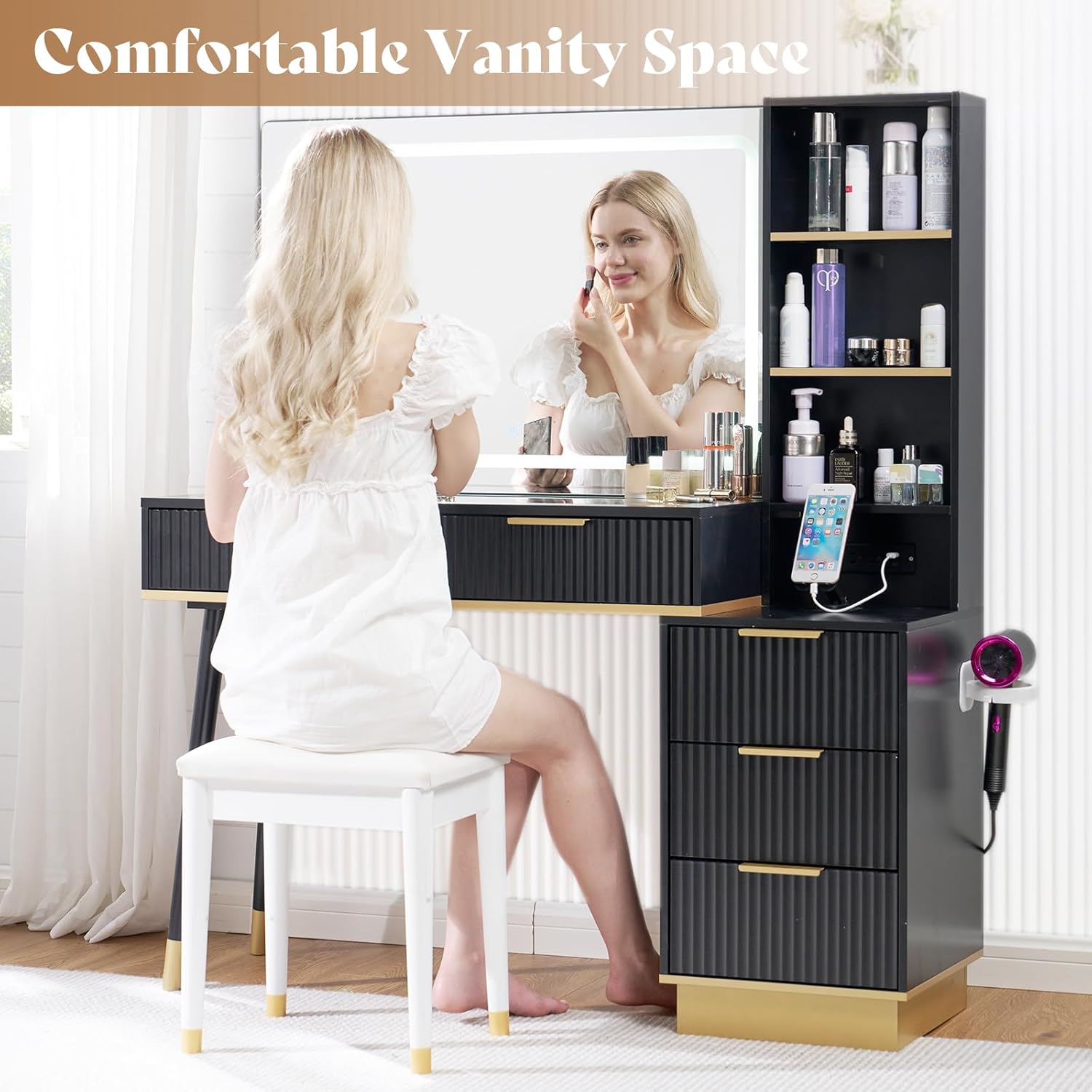 AMERLIFE 48" Fluted Vanity Desk with Mirror and Adjustable LED Lights, Large 5 Drawers Makeup Table with Glass Top and Charging Station for Women and Girls, Bedroom or Dorm, Black