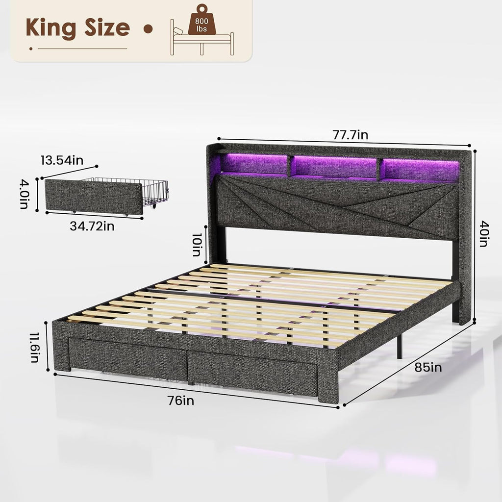 Driftalia LED King Size Bed Frame with 2 Storage Drawers, Upholstered King Bed Frame with Headboard and Charging Station, No Box Spring Needed, Easy to Assembly-Dark Grey