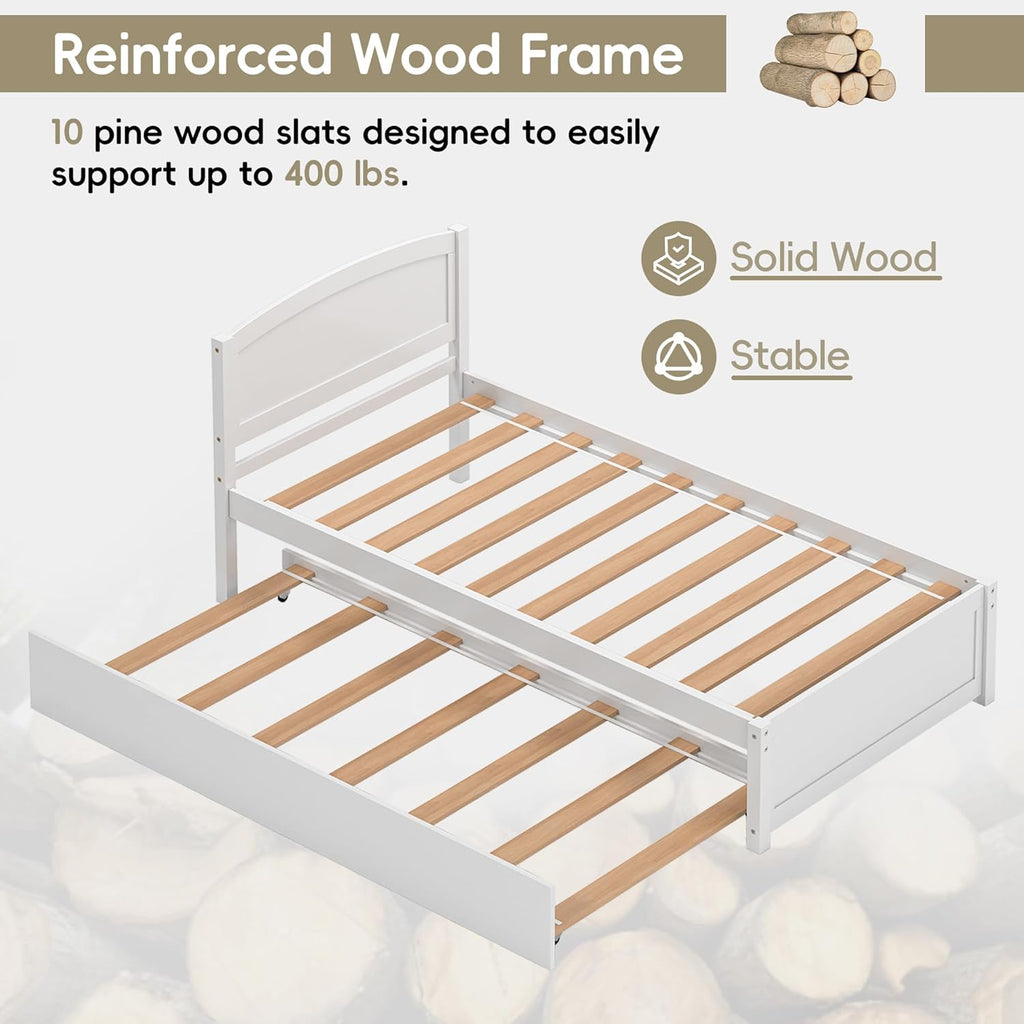 Twin Trundle Bed, Solid Wooden Pull Out Bedframe, Extendable Day Bed with Headboard and Soild Wood Slats Support, Bedroom, Living Room, Guest Room, No Box Spring Needed (White)