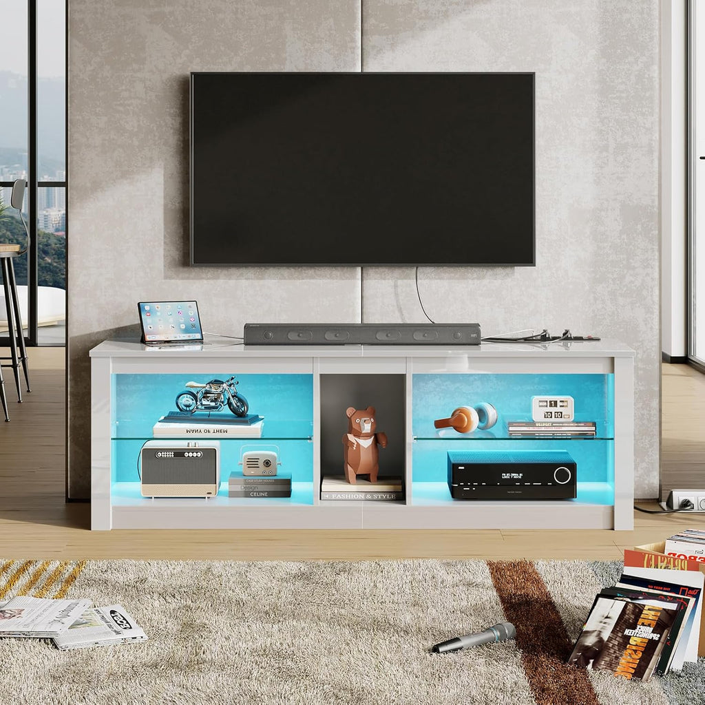 Bestier LED TV Stand for 55/60/65 Inch TV, White High Gloss Entertainment Center with Power Outlet & Adjustable Shelves, Modern Gaming TV Console with Storage for Living Room Bedroom