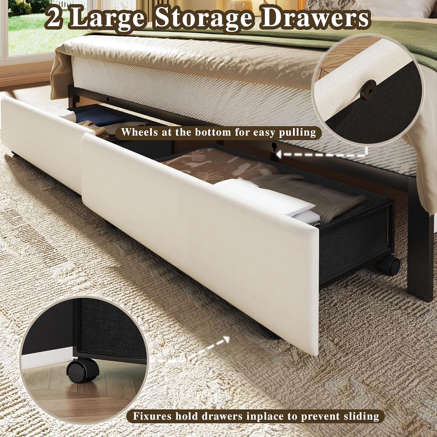 Queen Bed Frame with 2 Storage Drawers, Velvet Upholstered Bed Frame Queen Size Upholstered Headboard with LED Light & Charging Station, Platform Bedframe with Metal Slats, No Box Spring Needed, White