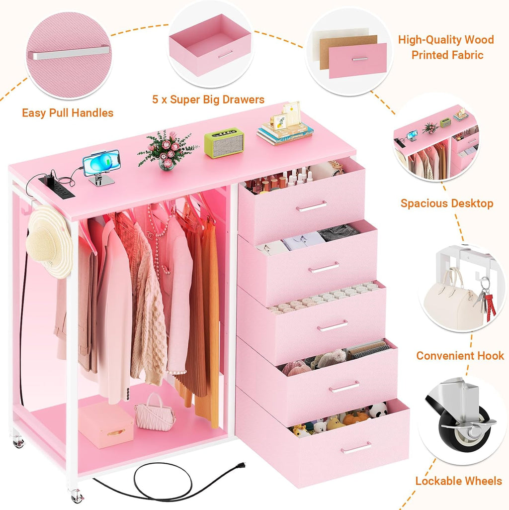 Cyclysio Dresser with Hanging Rack, 5 Fabric Drawers Dresser with Clothes Rack, Wooden Top Storage Chest of Drawers with Charging Station & LED Lights, Lockable Wheels, Closet