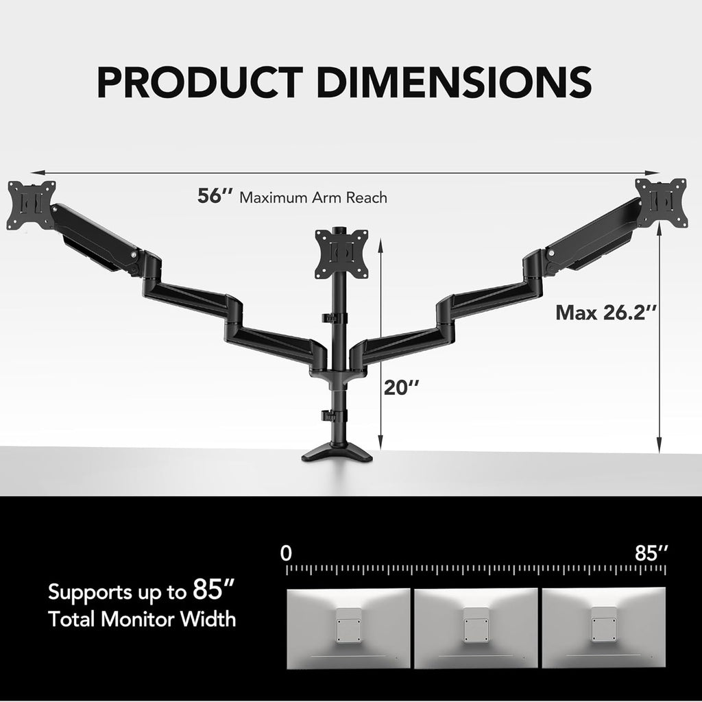 HUANUO Triple Monitor Mount for 17 to 32 inch Screens, Adjustment Gaming Triple Monitor Stand with Swivel, Tilt, Rotation, Clamp & Grommet Kit
