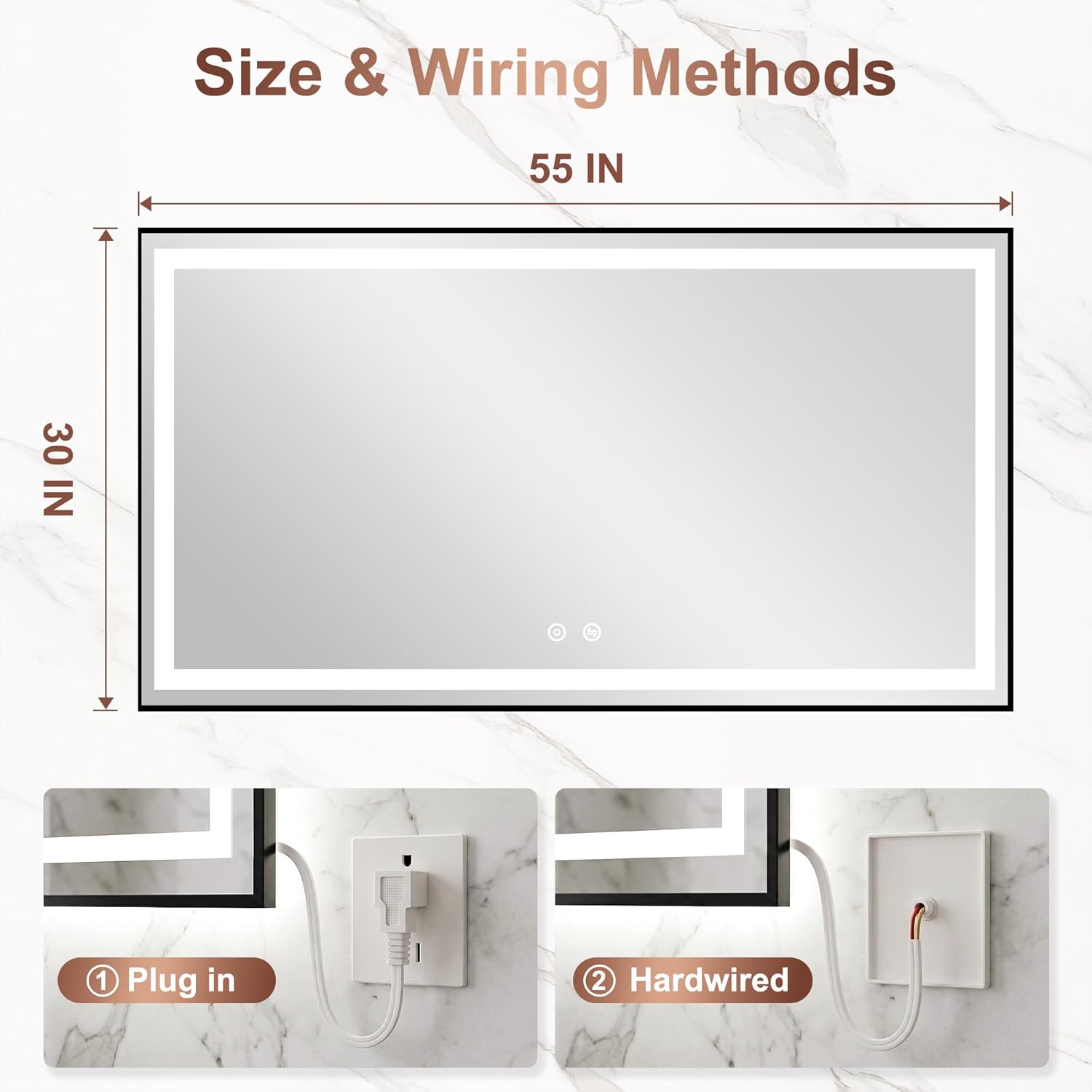 LED Bathroom Mirror with Lights, Black Framed Lighted Vanity Mirror, Front & Backlit, 55"x30", Anti-Fog, Dimmable 3 Color Temperature, Memory, Shatterproof Tempered Glass