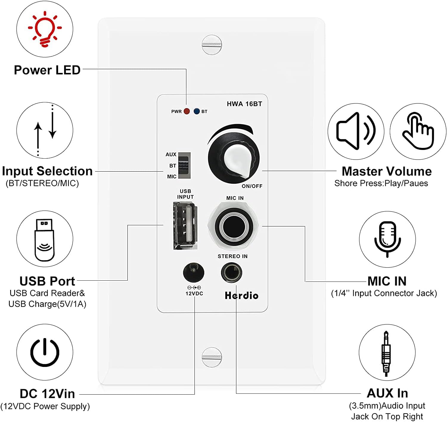 Herdio 5.25'' Home Audio Package Wall Mount Bluetooth Amplifier Receiver System with 300W in Ceiling Wall Passive Speakers Great for Home Theater Office Bathroom Kitchen Living Room (A Pair)