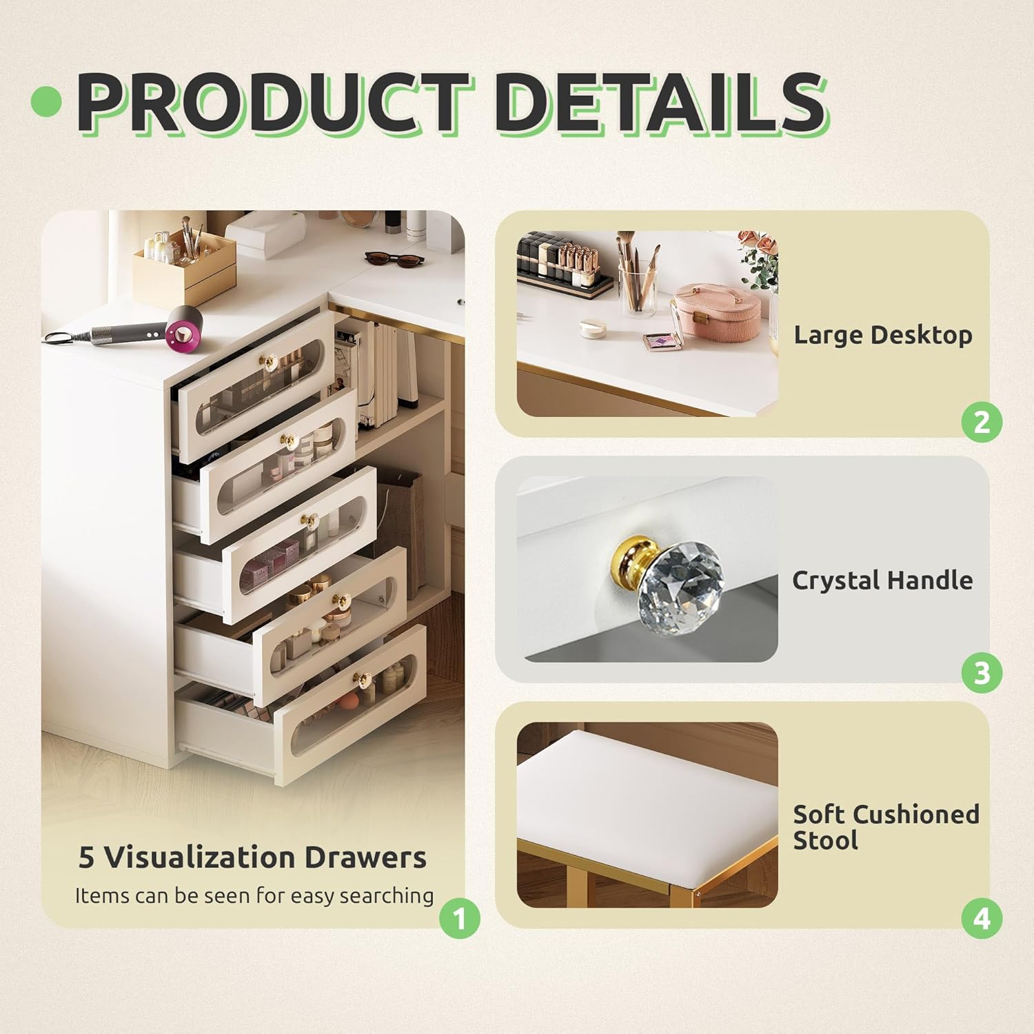 DWVO Vanity Desk with Light and Mirror, 3 Lighting Modes, L-Shaped Corner Vanity Table, 48" Large Dressing Table with 5 Tempered Glass Drawers with Open Storage Shelves
