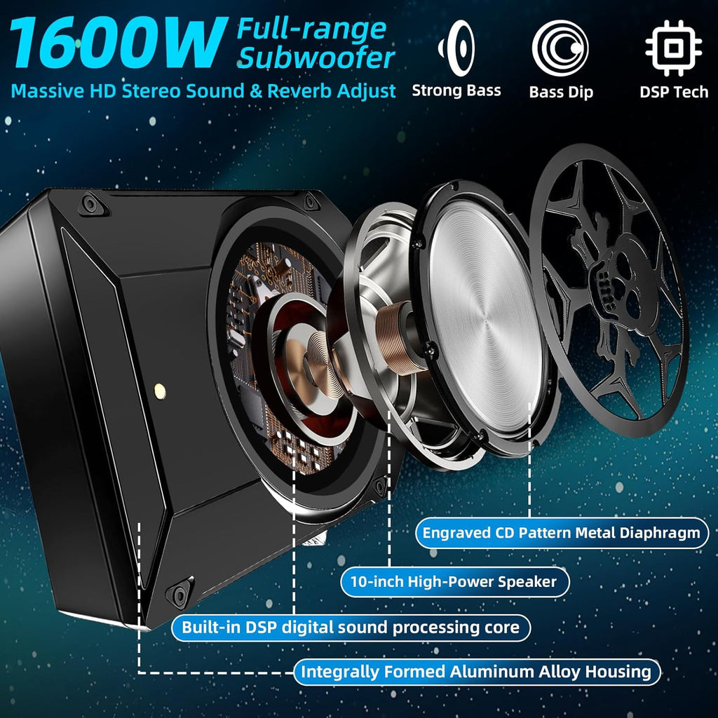 1600W Car Subwoofer, 10" Ultra-Thin Powered Under-Seat Sub with Built-in Amplifier, LPF/Gain/Bass Boost, Touch Control, Physical Switch Rhythm LED Ambient Light, Independent Bass Knob
