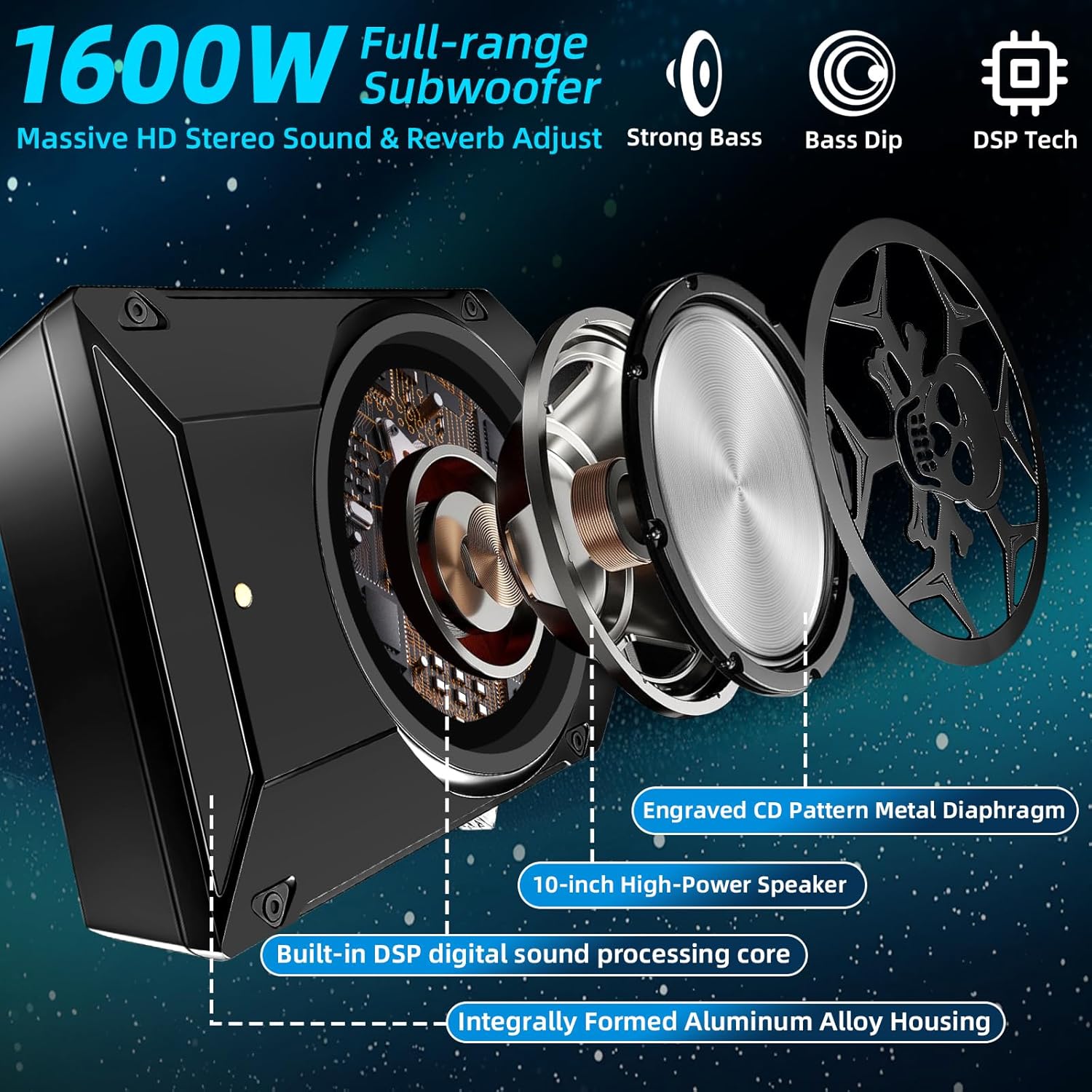 1600W Car Subwoofer, 10" Ultra-Thin Powered Under-Seat Sub with Built-in Amplifier, LPF/Gain/Bass Boost, Touch Control, Physical Switch Rhythm LED Ambient Light, Independent Bass Knob