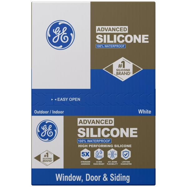 GE Advanced Silicone Caulk for Window & Door, White, 10 fl oz Cartridge, 12 Pack - 100% Waterproof Silicone Sealant, 5X Stronger Adhesion, Shrink & Crack Resistant