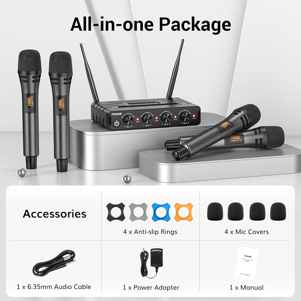 TONOR Wireless Microphones System with 4x10 Channels Cordless Handheld Microfono Inalambrico, 60 m/200FT UHF Range, Mics with Stable Signal Transmission for Karaoke Singing Party Church Wedding
