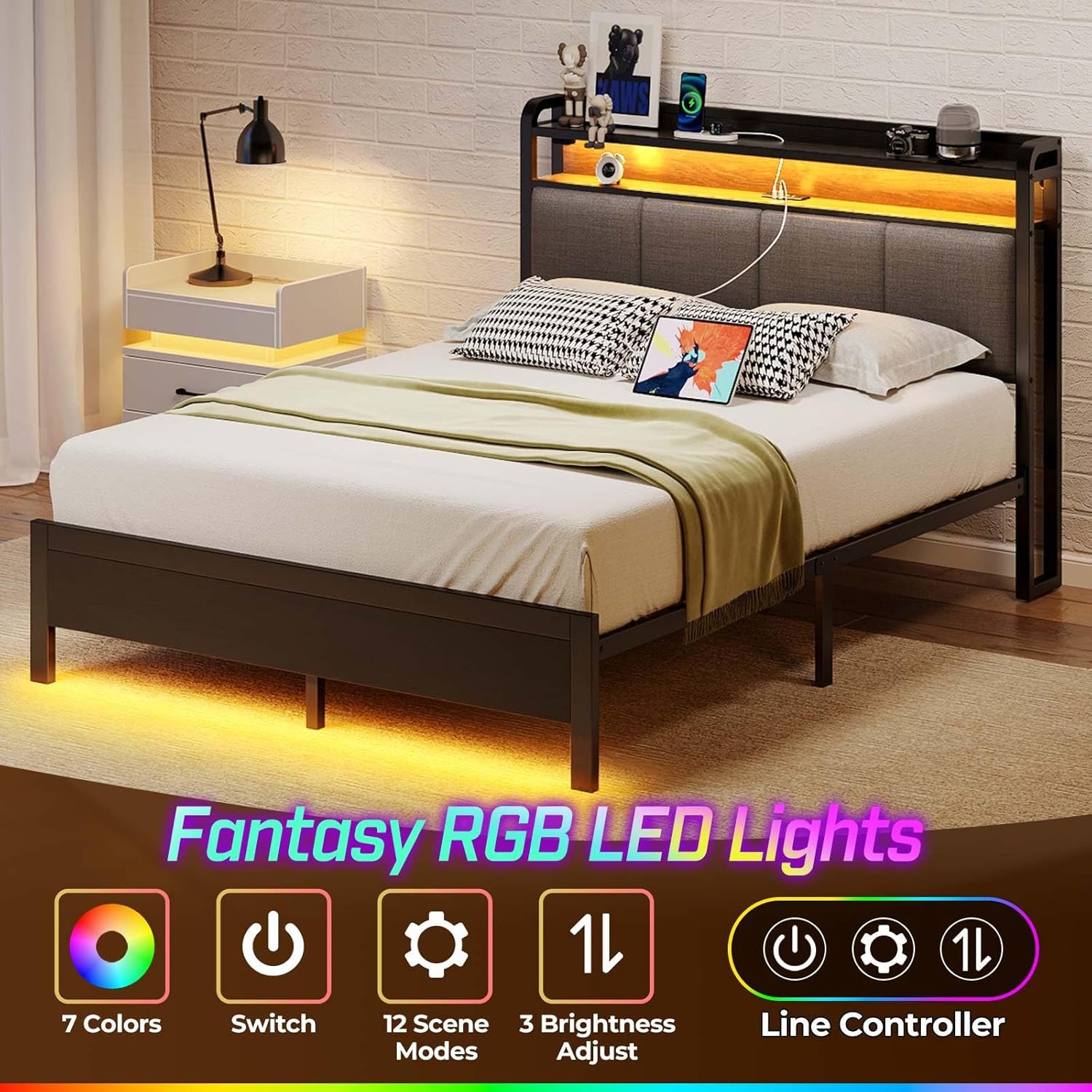 Rolanstar Bed Frame Full Size with Charging Station and LED Lights, Upholstered Headboard with Storage Shelves, Heavy Duty Metal Slats, No Box Spring Need, Noise Free, Easy Assembly, Grey