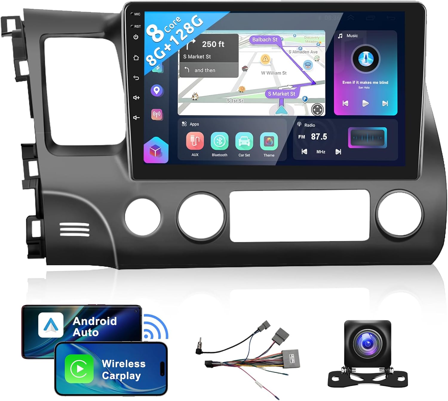Podofo 8 Core 8+128G Android Car Radio Stereo for Honda Civic 2006-2011 with Wireless Carplay Android Auto, 10.1" QLED Touch Screen, WiFi/4G, GPS, DSP/Hi-Res, AM/FM, Bluetooth 5.0, Backup Camera