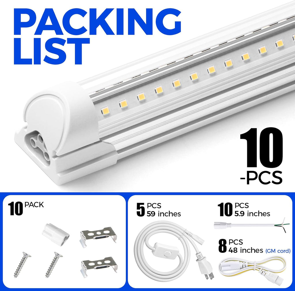 Barrina LED Shop Lights 4FT, 40W 5500LM 5000K Daylight White, T8 LED Garage Lights, V Shape, Clear Cover, High Output Tube, Linkable 4 Foot LED Strip Light for Workshop, Warehouse with Plug, 10 Packs