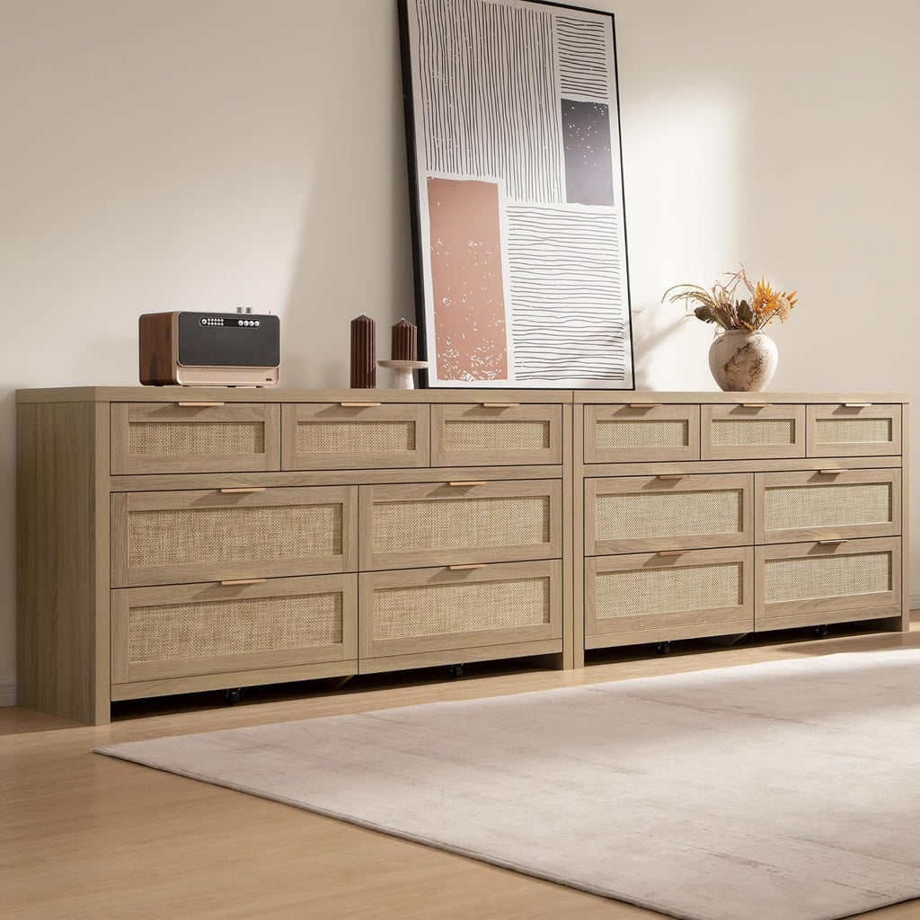 SICOTAS 7 Drawer Dressers for Bedroom Set 2, Long Rattan Dresser, Dresser TV Stand, Closet Organizer Chest of Drawers, Clothes Storage Dressers (Reclaimed Light Oak, 7 Drawers (2 pcs))