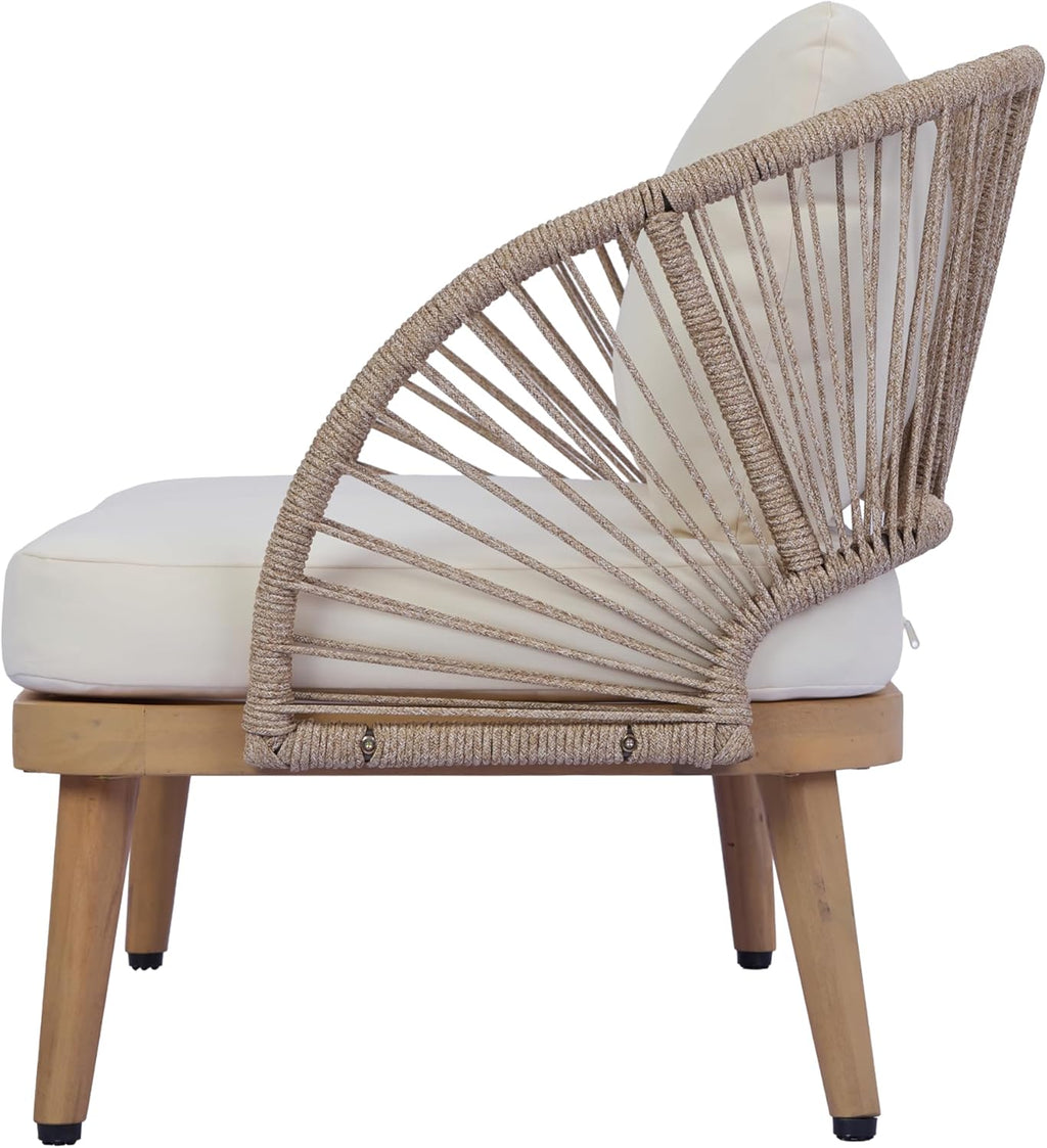 Christopher Knight Home Lydia Boho Patio Furniture Acacia Wood Club Chair, Outdoor Lounge Chair, Modern Tub Accent Chair with Rope Woven and Removable Cushions, Deep & Sturdy Seating, Natural+Beige