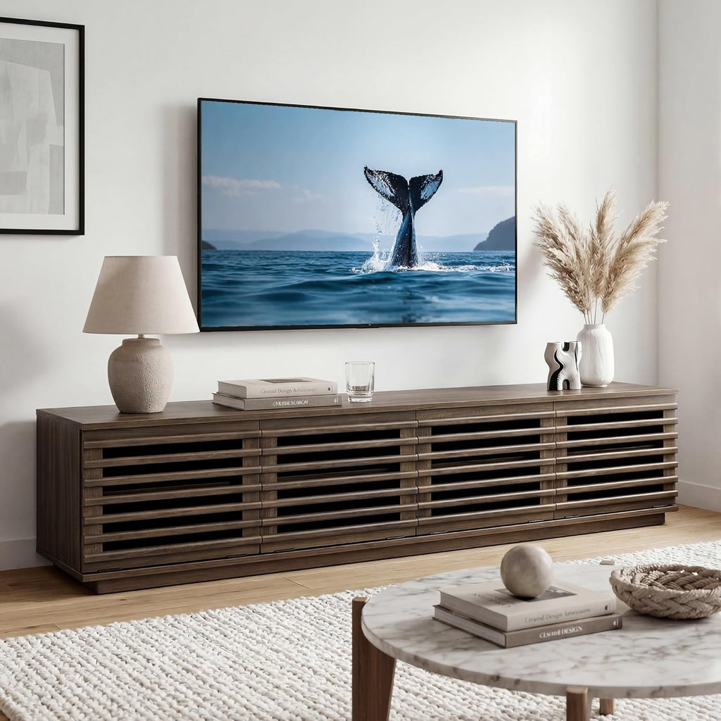 CHITA 70" Modern TV Stands with LED Light for TVs Up to 75 inches, Low Profile Entertainment Center with 4 Flip-Down Door & Fluted Details, TV Media Console for Living Room, Walnut