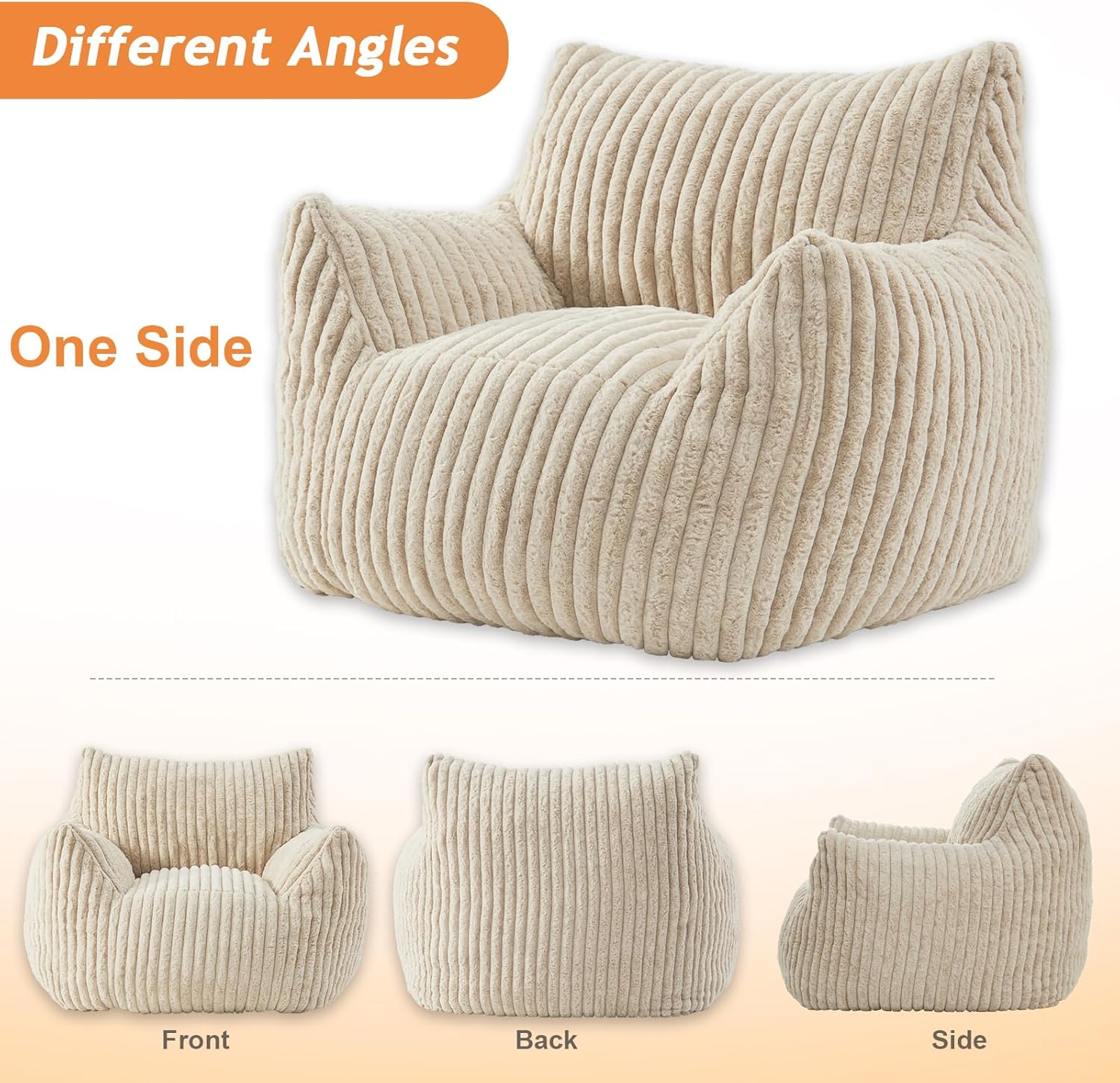 Giant Bean Bag Chairs for Adults Teens with Filling Large Fluffy Bean Bag Chair with Armrests Plush Comfy BeanBag Couch Sofa Chair for Bedroom Living Room Reading