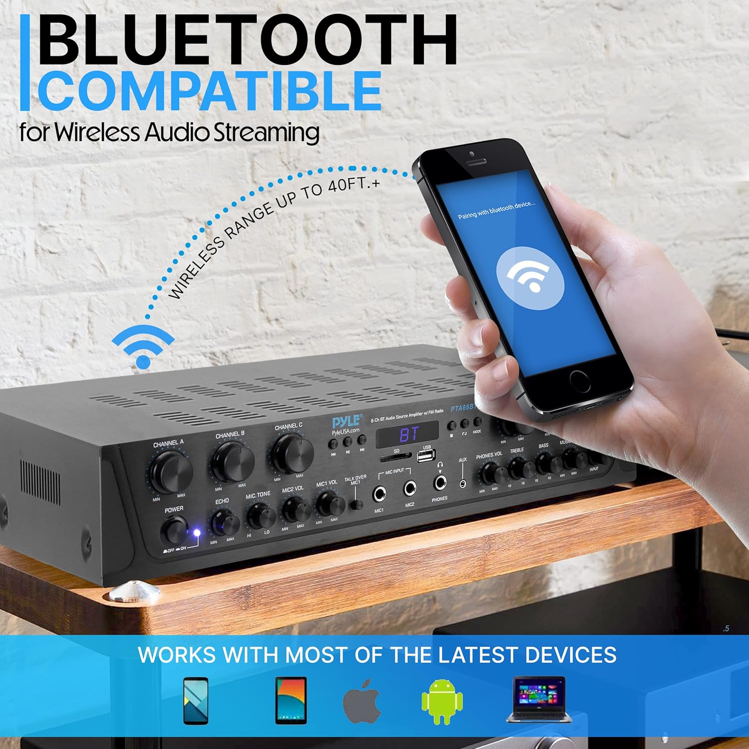 Pyle Home Audio Amplifier with Bluetooth - 6 Channel 600 Watt Peak Power, Karaoke with Echo, 2 Mic Input with Talkover, Headphone In, USB A MP3 Player with SD Reader - Home, Commercial, Worship