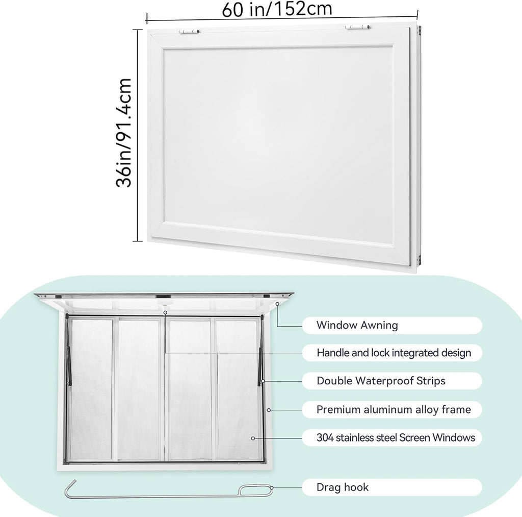 60" x 36" Concession Window for Food Truck, Aluminum Trailer Window with 4 Sliding 304 Stainless Steel Screens, Weatherproof, Lockable 85° Awning Door, w/Hook, No Glass