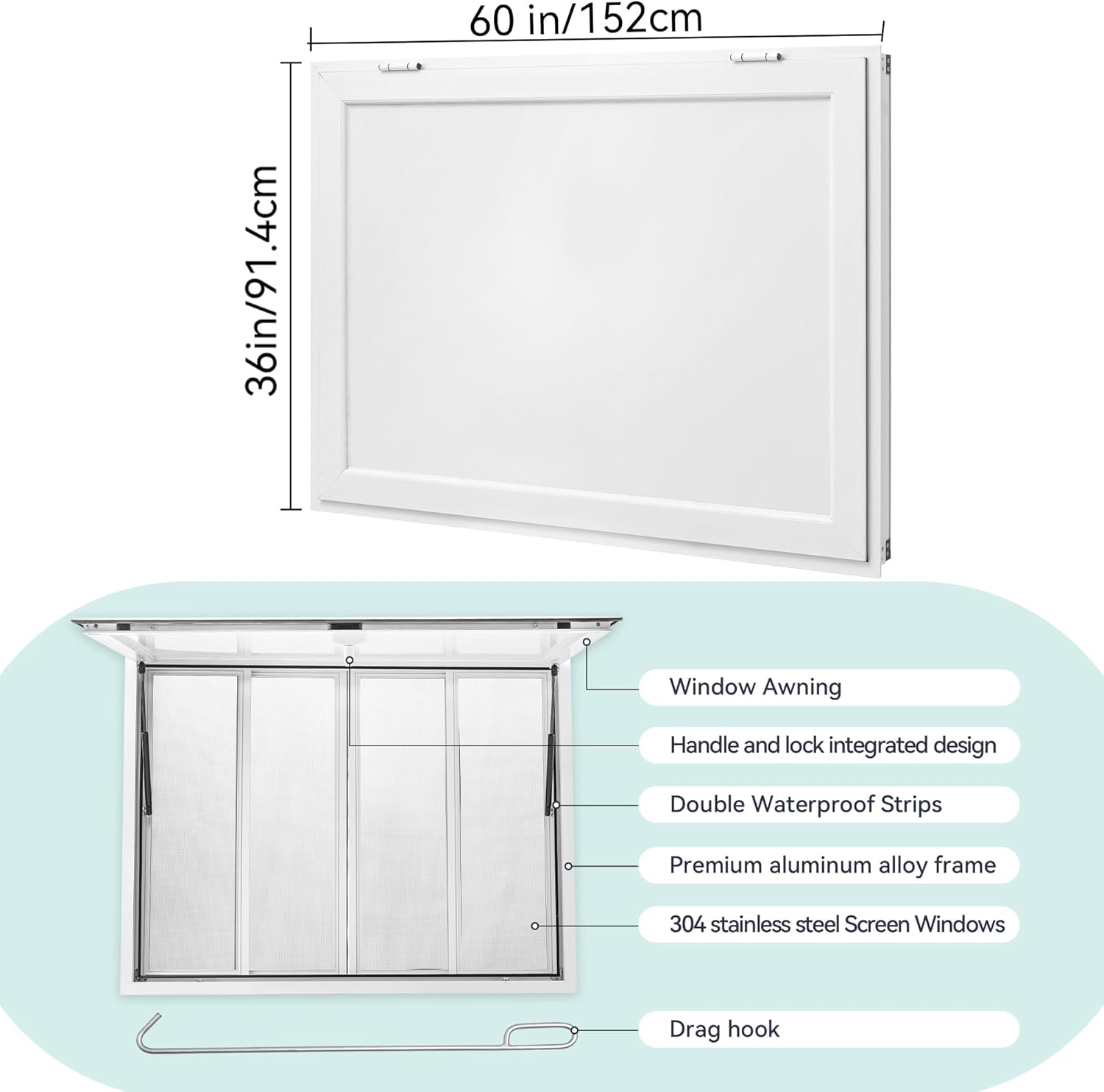 60" x 36" Concession Window for Food Truck, Aluminum Trailer Window with 4 Sliding 304 Stainless Steel Screens, Weatherproof, Lockable 85° Awning Door, w/Hook, No Glass
