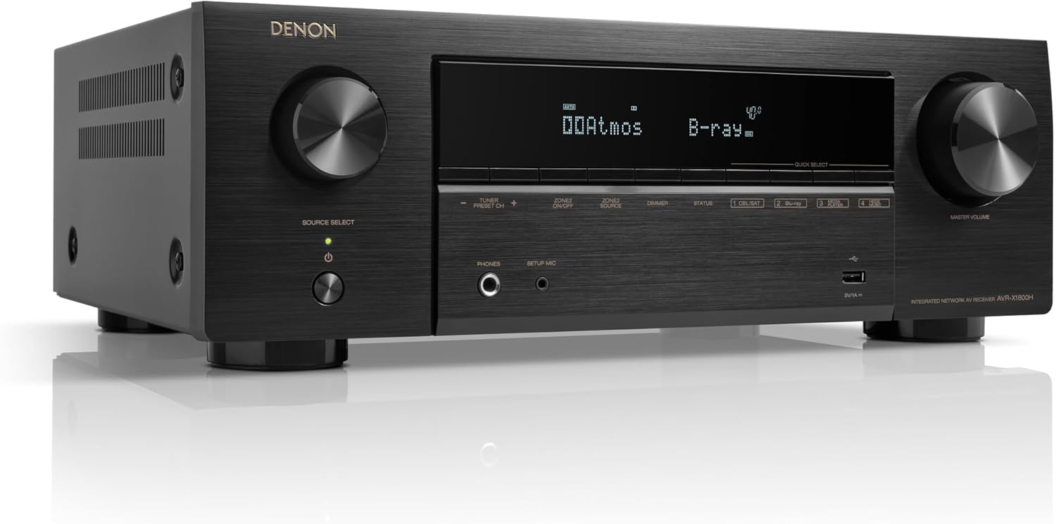 Denon AVR-X1800H 7.2 Channel AV Stereo Receiver - 80W/Channel, Wireless Streaming via Built-in HEOS, WiFi, & Bluetooth, Supports Dolby Vision, HDR10+, Dynamic HDR, & Home Automation Systems