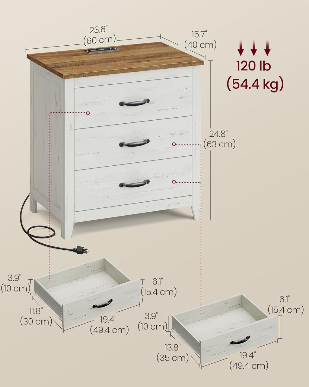 VASAGLE LIRY Collection - Farmhouse Nightstand with Charging Station, Set of 2, Bedside Tables, Side End Tables with 3 Drawers, for Bedroom, Rustic White and Honey Brown ULET979W01