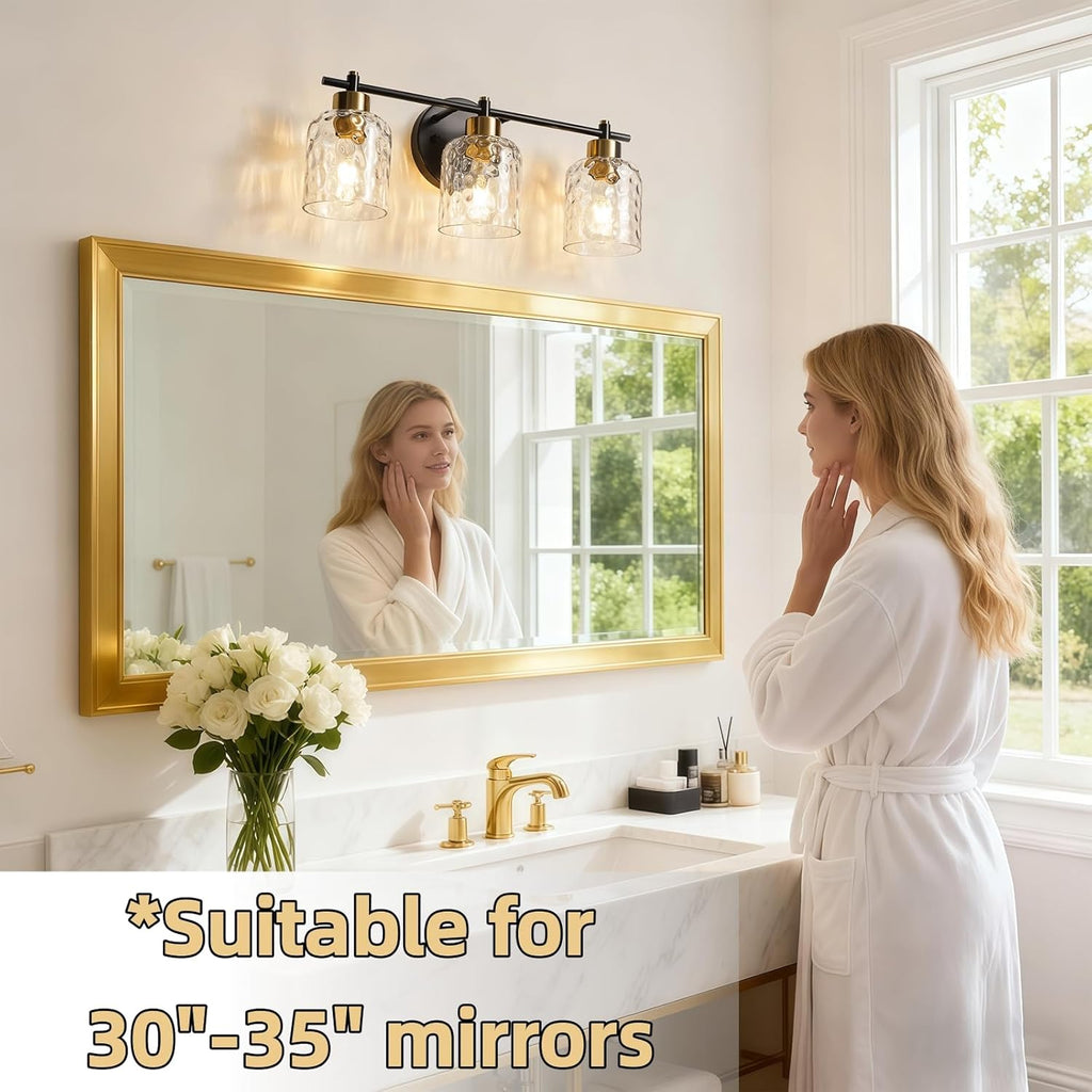 Bathroom Light Fixtures with Hammered Glass, 21.2" 3 Light Farmhouse Vanity Lights for Bathroom, Rustic Black and Gold Vanity Lighting Fixtures Over Mirror Makeup Room