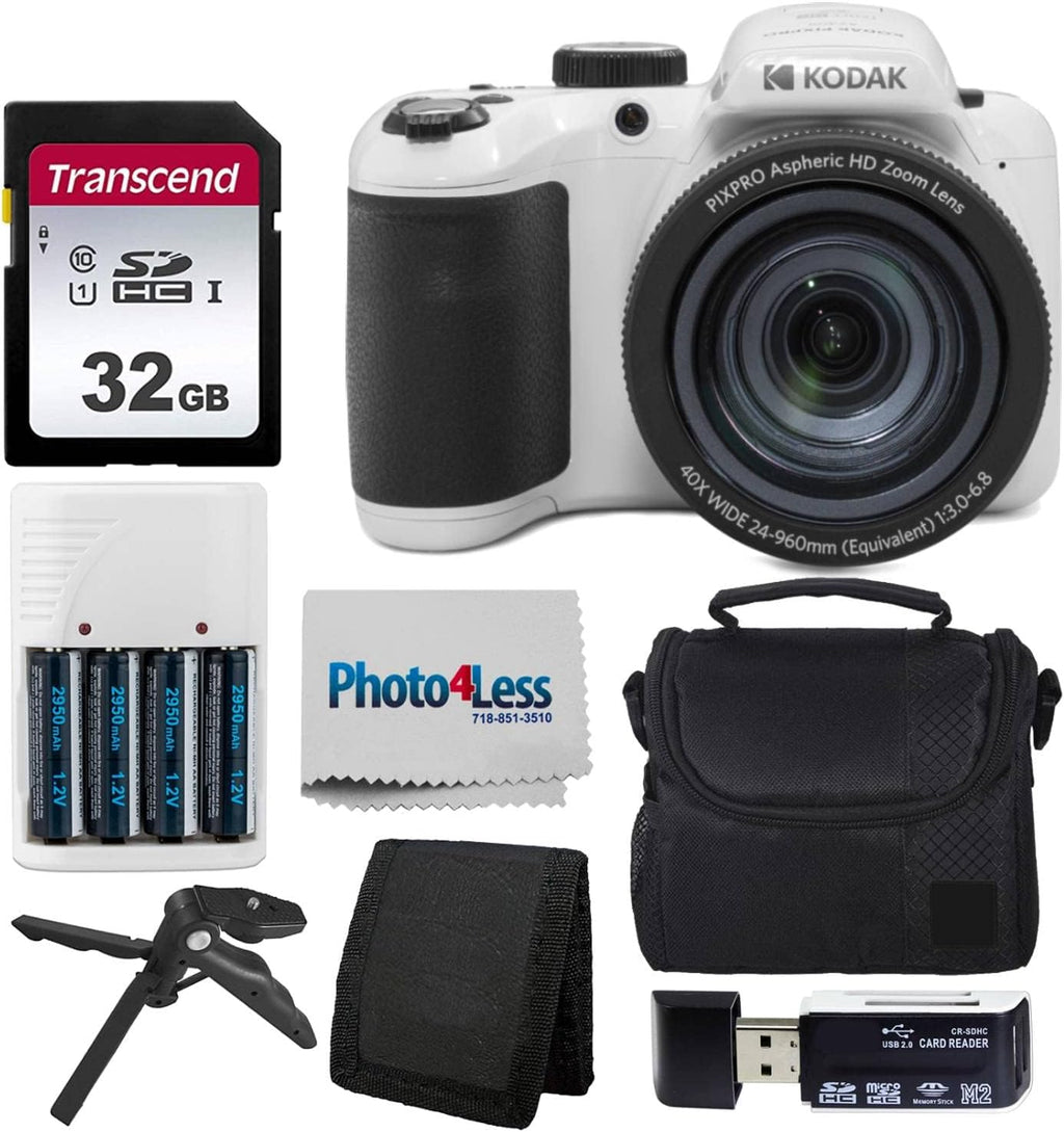 Kodak PIXPRO AZ405 Digital Camera (White) Bundle with Case, 32 GB SD Memory Card, Memory Card Wallet, Card Reader, Table Tripod, 4 AA Batteries & White Charger and Cloth