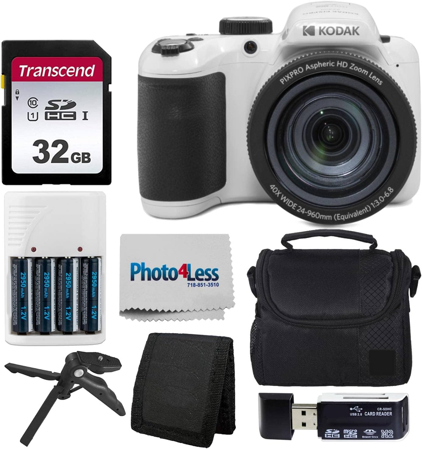 Kodak PIXPRO AZ405 Digital Camera (White) Bundle with Case, 32 GB SD Memory Card, Memory Card Wallet, Card Reader, Table Tripod, 4 AA Batteries & White Charger and Cloth