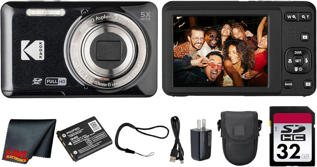 Kodak PIXPRO FZ55 Digital Camera (Black) | 16MP Sensor, 5X Optical Zoom, 28mm Wide-Angle Lens & Full HD Video | Great for Travel & Beginner Photography (FZ55BK) + 32GB Card + Case + Cleaning Cloth