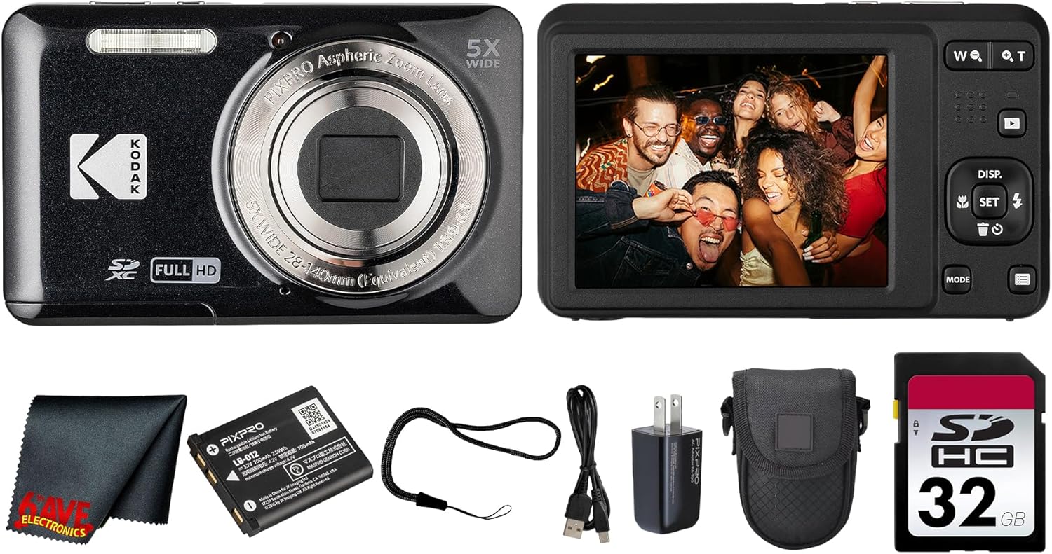 Kodak PIXPRO FZ55 Digital Camera (Black) | 16MP Sensor, 5X Optical Zoom, 28mm Wide-Angle Lens & Full HD Video | Great for Travel & Beginner Photography (FZ55BK) + 32GB Card + Case + Cleaning Cloth