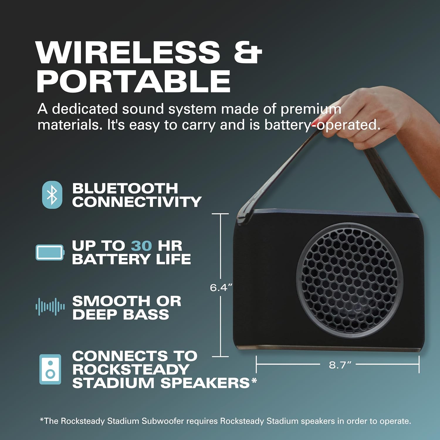 Rocksteady Stadium Portable Bluetooth Subwoofer – World's First | Deep Bass for Your Home System | Up to 30-Hr Battery | 150 ft Range | Links with Stadium 2 | USB-C
