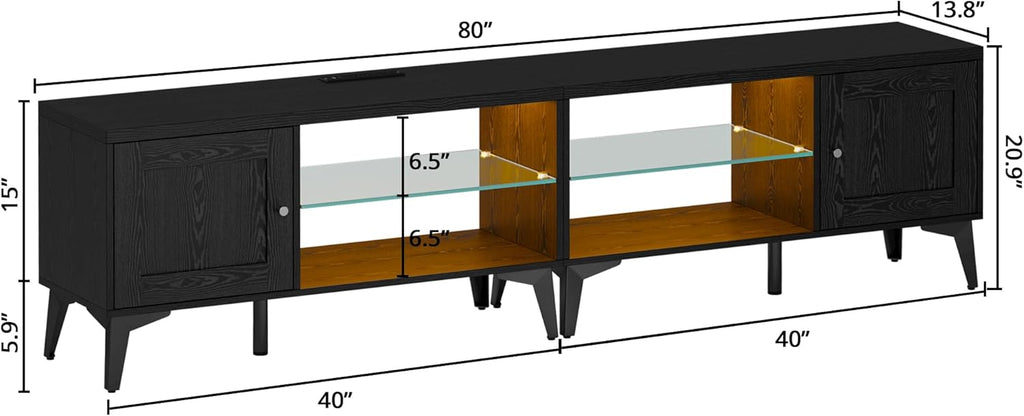 LIKIMIO 2-in-1 TV Stand for 85 Inch TV, Black TV Consoles with LED Lights & Charging Station, Entertainment Center with Storage Cabinets & Adjustable Glass Shelves, TV Table for Living Room & Bedroom
