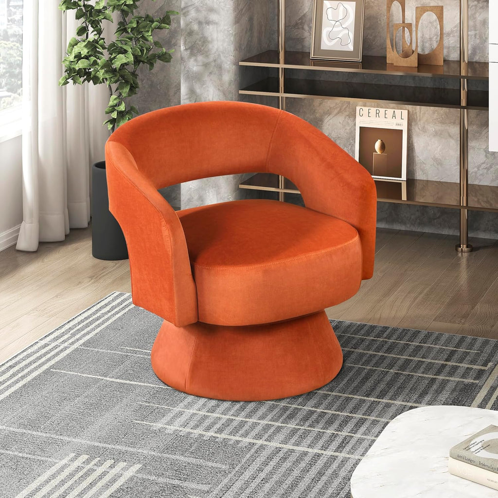 Lexicon 360 Degree Swivel Accent Chair, Modern Comfy Velvet Round Barrel Chair, Open Back, Plush Foam Cushions, Metal Swivel Base for Living Room/Bedroom/Office/Small Spaces, Orange